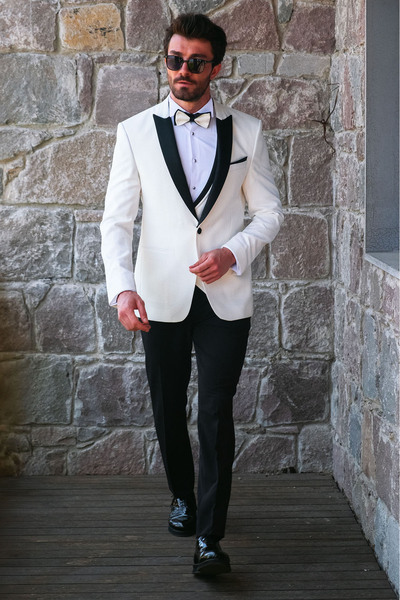 SERKAN SEVİNÇ Slim Fit Erkek Kırlangıç Yaka Yelekli Gofre Kumaş Smokin