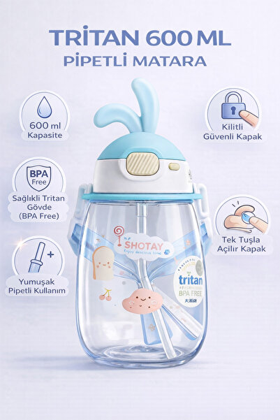 ORVO Çocuk Suluk Tritan Matara – 600 ml Kulaklı Kapaklı, Pipetli, Askılı Su M...