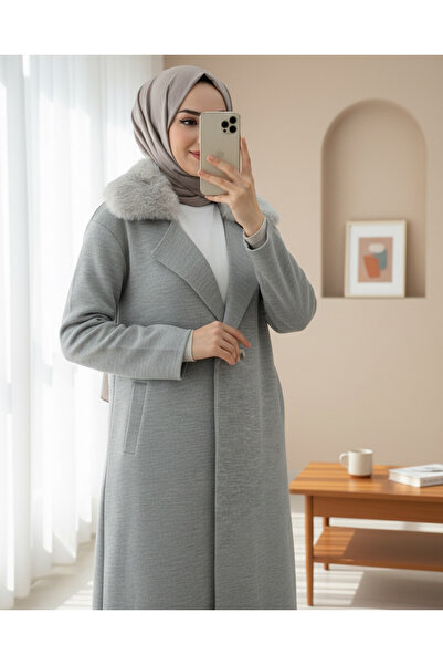 Modamorfo كارديجان طويل من التريكو بأزرار مزدوجة وياقة من الفرو - رمادي