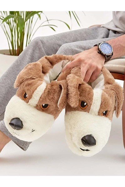 KCMN Kocamanlar Unisex Animal Slippers with Cute Dog Figure Taba