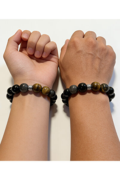 almihomi Tiger’s Eye Silver Obsidian Men’s Duo Bracelet Set, Strength, Protection & Emotional Bond
