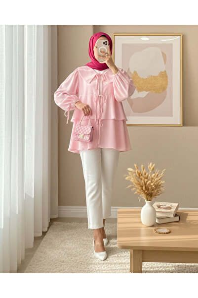 Modamorfo Baby Collar Front Lace Skirt Layered Kimono -Pink