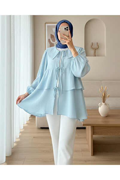 Modamorfo Baby Collar Front Lace Skirt Layered Kimono - Baby Blue