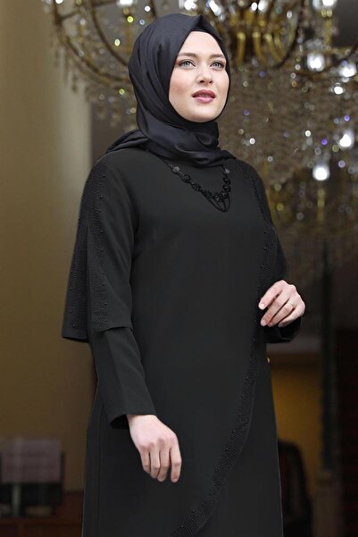 TRENDTESETTÜR KADIN SİYAH TAŞ DETAYLI ASİMETRİK KESİM ABİYE 6021