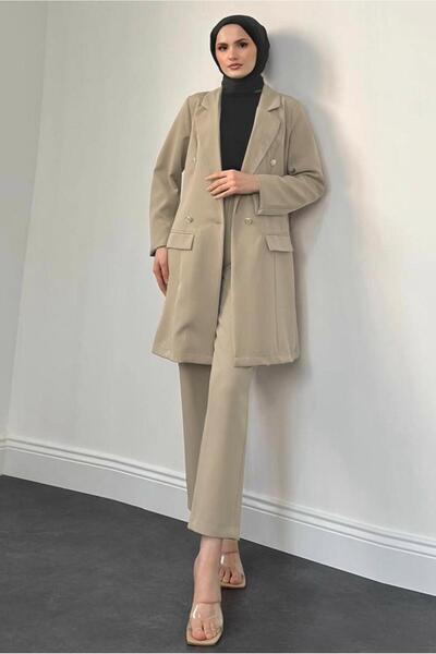 TRENDTESETTÜR KADIN BEJ KRUVAZE YAKA PANTOLONLU TAKIM T 4995