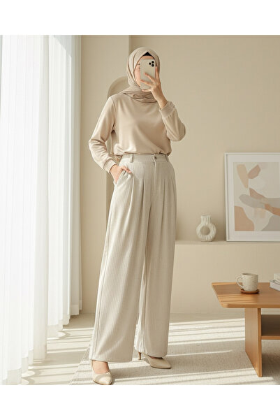 Modamorfo Velvet Trousers with Pockets, Wide Legs and Sequin Detail - Beige