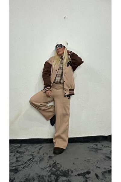 NUNU365COM Oversize Krem Kolej Ceket Eşofman Takım