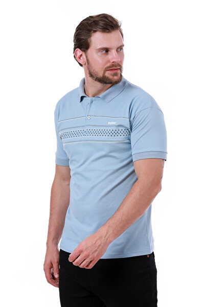 WERRONİ Men's Slim Fit Polo Collar T-Shirt with Chest Print Detail in Blue Color