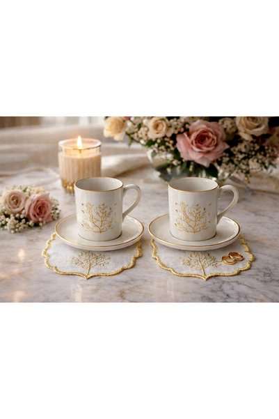ARESTE HAYAT AĞACİ GOLD DESENLİ PORSELEN TÜRK KAHVESİ FİNCANI 2 KİŞİLİK HEDİY...