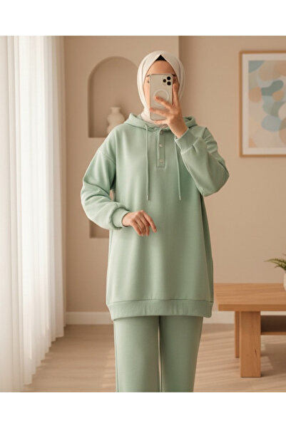 Modamorfo Hooded Fleece-Lined Three Thread Sweat with Snap Fasteners on the Collar - Water Green