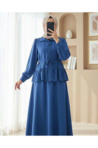 Modamorfo Parçalı Büzgülü Bluz Etekli Takım -İndigo