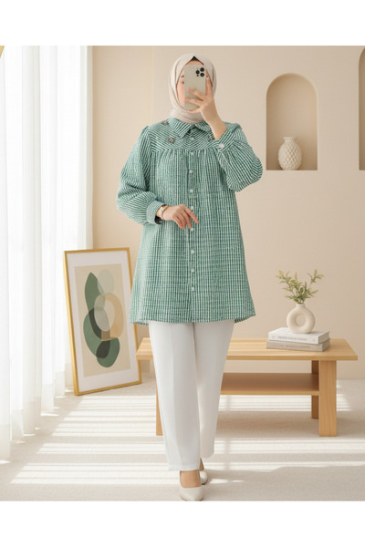 Modamorfo Сорочка з каменями та намистинами, з смугастим візерунком - зелена