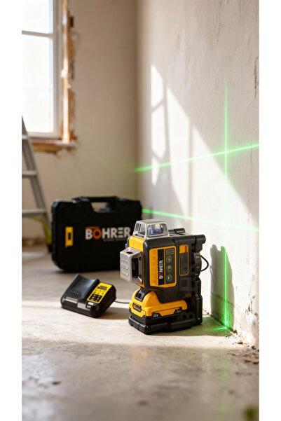 BÖHRER 360 Derece 3 Köşe 12 Satır 2 Akülü Yeşil Çizgi 40 m Menzilli Profesyonel Lazer Hizalama Makinesi