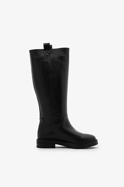 SAYL Siyah Hakiki Deri Diz Altı Fermuarsız Çekme Kadın Çizme