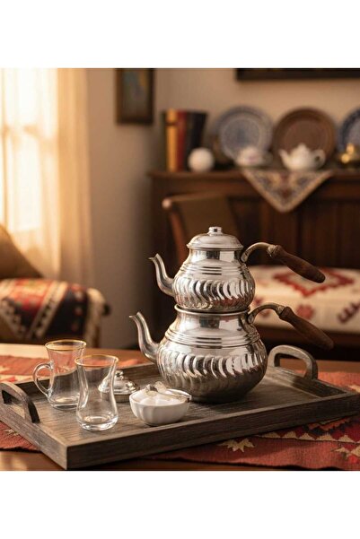 Tanrıkulu Bakırcılık Bakır Çaydanlık Dilimli Model Nikel