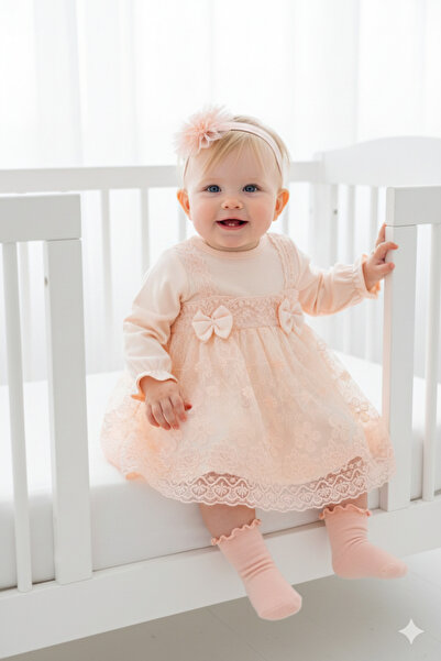 Miniday Baby Kız Bebek Mevlütlük Elbise Bandanalı Dantelli