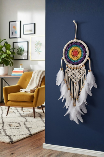 ORİJİNALDÜKKAN El Yapımı Rengarenk Desenli Ahşap Boncuklu Örgülü Makrome Ev Bohem Duvar Dekorasyonu Dream Catcher
