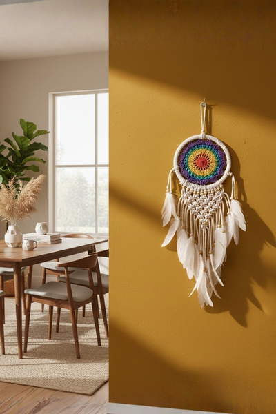 ORİJİNALDÜKKAN El Yapımı Rengarenk Desenli Ahşap Boncuklu Örgülü Makrome Ev Bohem Duvar Dekorasyonu Dream Catcher