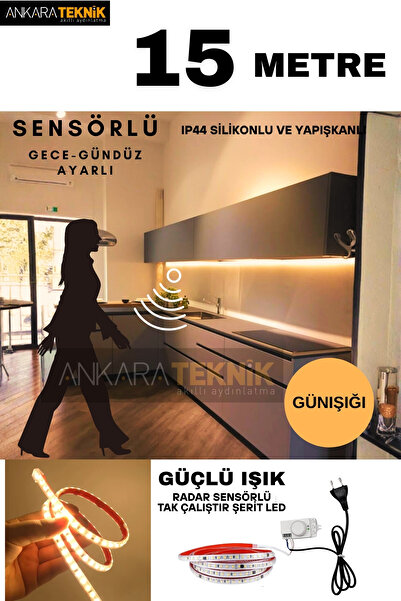ankarateknik Hareket Sensörlü 220 Volt Silikonlu Günışığı Renk Şerit LED (120 Ledli) / Tak Çalıştır / 15 Metre