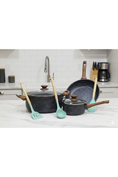 Sweet Home طقم أواني طهي رخامية غير لاصقة من 8 قطع مع غطاء زجاجي