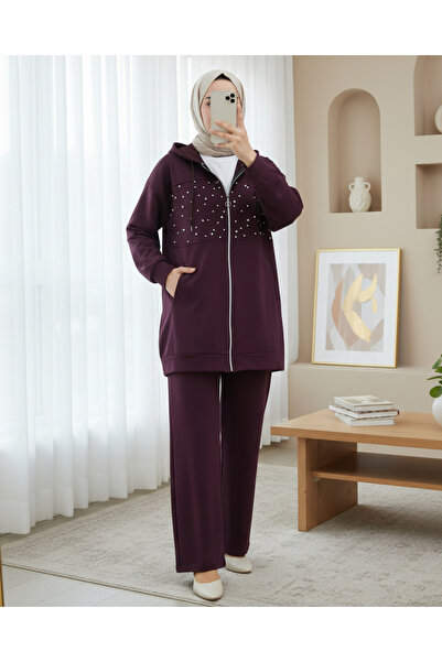 Modamorfo Hooded Zippered Front Pearl and Stone Detailed Oyhso Suit - Plum