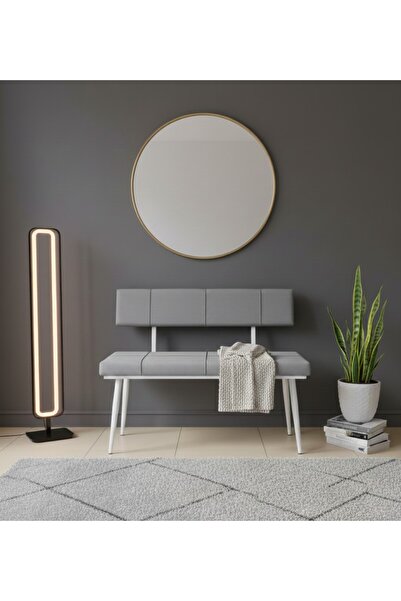 ÖZCAN METAL Beyaz Metal Ayaklı Sırtlı Gri Mutfak Salon Antre Yatak Odası Puf Bank Oturak Bench