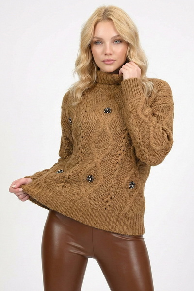 Miss Poem Balıkçı Yaka Taş Detaylı Kazak - Vizon