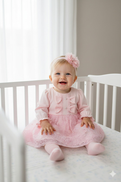 Miniday Baby فستان مولودة بناتي مزين بالدانتيل والباندانا