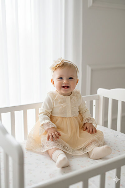 Miniday Baby Kız Bebek Mevlütlük Elbise Bandanalı Dantelli