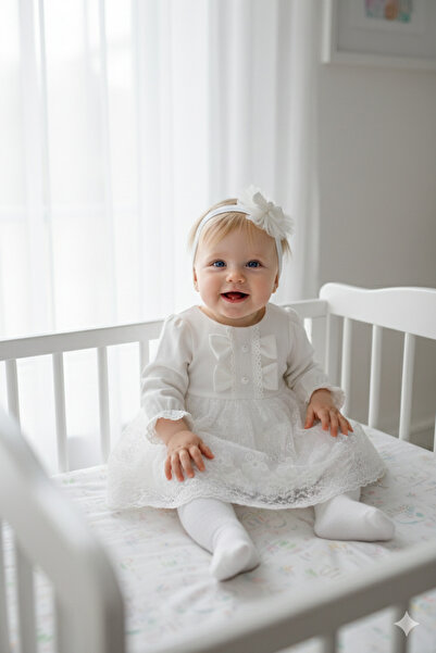 Miniday Baby Kız Bebek Mevlütlük ElbisE Dantelli Bandanalı