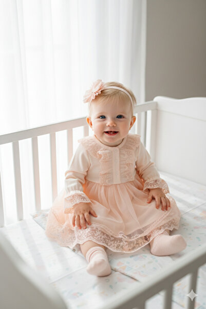 Miniday Baby Kız Bebek Mevlütlük Elbise Dantelli Bandanalı