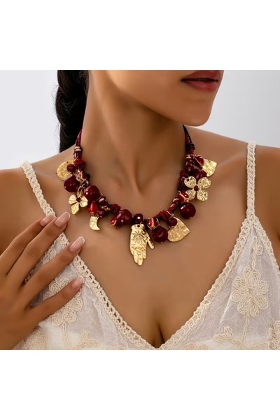 GÜNEBAKAN AKSESUAR Retro Geometrik Kırmızı Reçine Kolye