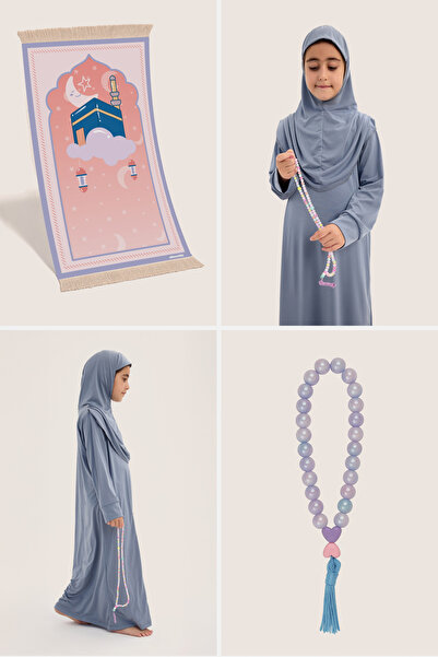 ALLNOORKİDS طقم صلاة / طقم عبادة - ثوب صلاة للفتيات، سجادة صلاة من الإسفنج بن...