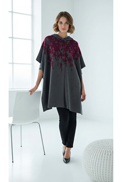 Uludağ Triko المرأة أنثراسايت بورجوندي زهرة منقوشة المعطف