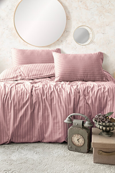 True Home Collection Set de lenjerie de pat dublu din satin cu dungi |   92 S...
