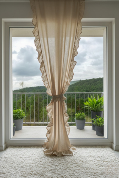 MZN Home 3 Kenar Fırfırlı Vintage Bej Keten Perde – Korniş/Halkalı, %100 Doğa...