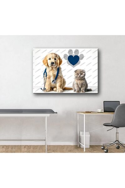 caddeko Pet Center Dekorasyon Veteriner Kliniği Tabloları Steteskop Kedi ve K...