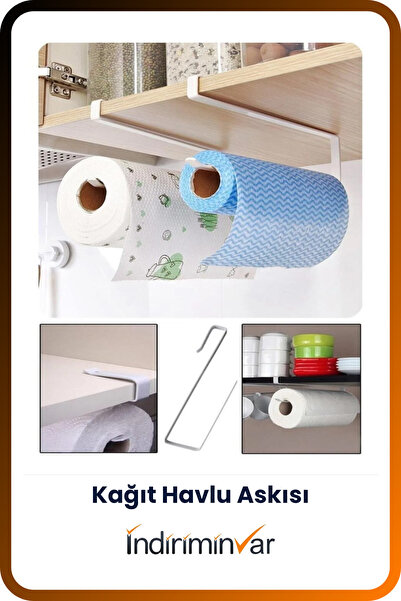 İndiriminVar Mutfak Dolabı Içi Raf Altı Fincan Kupa Askısı Kağıt Havluluk Metal