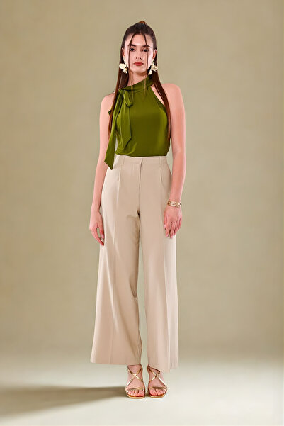 LA PANTE Pantaloni de damă pantaloni palazzo Pantaloni din țesătură bej pentr...