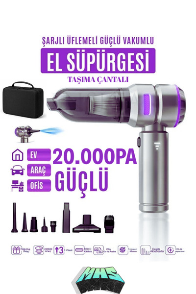 MİHASE 20.000 PA Çantalı Üflemeli Güçlü Vakumlu Ev Ofis Araç Süpürgesi El Süpürgesi Şarjlı Çok Fonksiyonlu