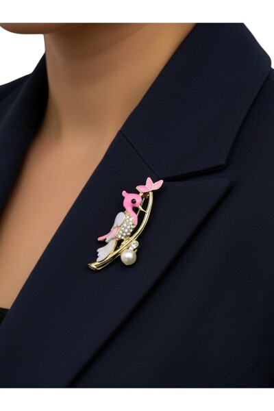 MODAMİRA AKSESUAR Doğanın Işıltısı | Taşlı | İncili | Mineli Ağaçkakan Broş | Renk Lila be Pembe