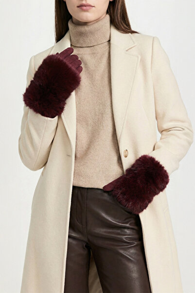 robanu Kadın Bordo Kürklü Süet Dokulu Lüks Kışlık Eldiven