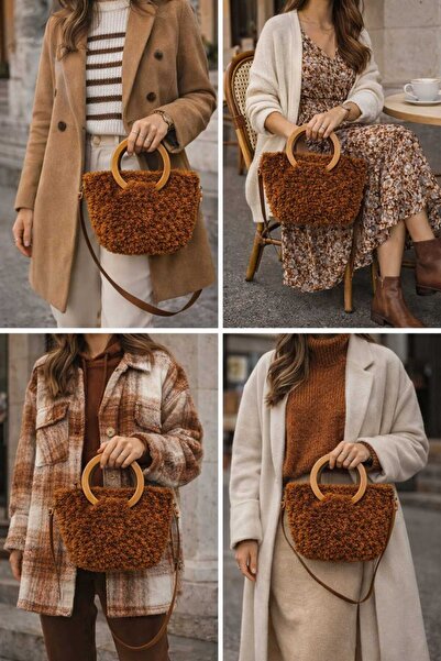 Market Elit Kışlık El Örgüsü Peluş /Tedy Çanta Deri Askılı, Çıtçıtlı