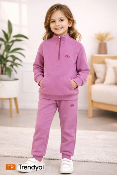 ALZEY GİYİM Kız Çocuk Uzun Kollu Lila Rengi Eşofman Takımı Alt Üst Yarım Ferm...