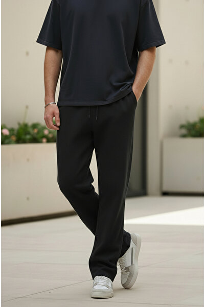 Sizce Moda Black Baggy Wide Leg Elastic Waist Pocket Detailed Pique Trousers