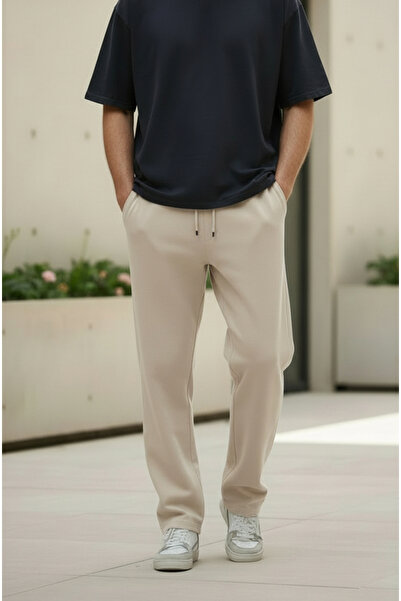 Sizce Moda Beige Baggy Wide Leg Elastic Waist Pocket Detailed Pique Pants