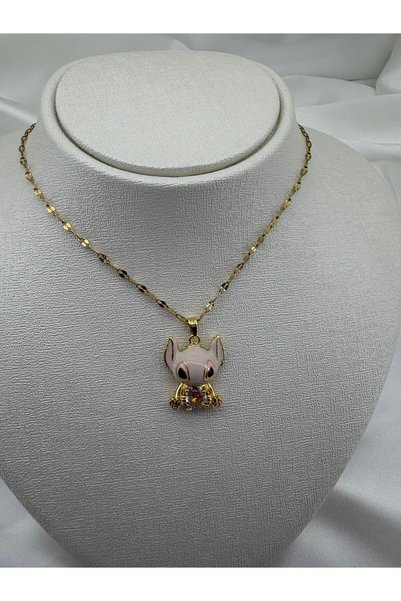 beus Zirkon Taşlı Mineli Mavi Karakter Figürlü Kolye 316L Paslanmaz Çelik Gold 40+6 cm - Kadın