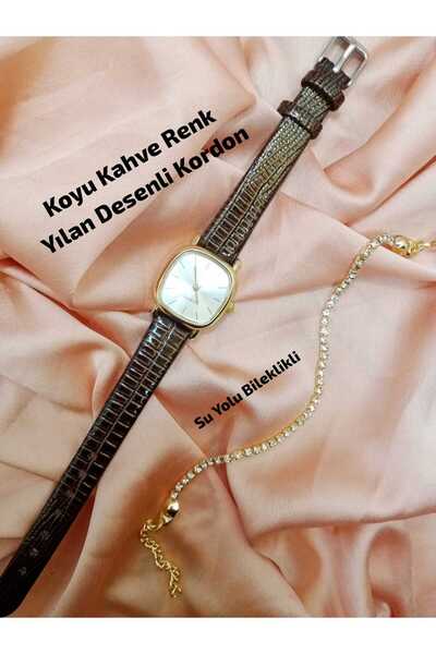 LA BOSS Minimal Model Dark Brown Snake Patterned Cord Women's Wristwatch Gold...