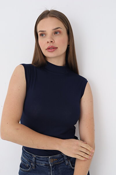 SIR İç Giyim بودي نسائي بدون أكمام بياقة عالية باللون الأزرق الداكن