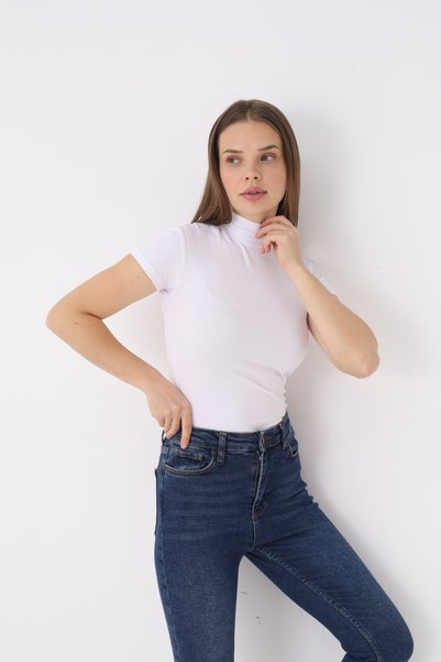 SIR İç Giyim Women's White Short Sleeve Turtleneck Bodysuit